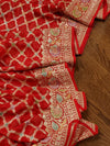 Red Banarasi Georgette Saree with off white net worked blouse