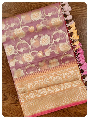 Pastel shade Kora Organza Saree with contrast peach pink blouse