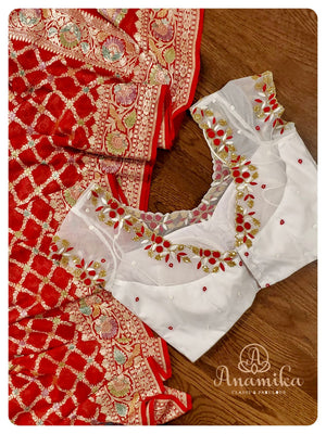 Red Banarasi Georgette Saree with off white net worked blouse