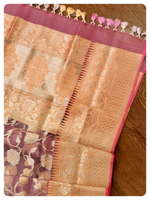 Pastel shade Kora Organza Saree with contrast peach pink blouse