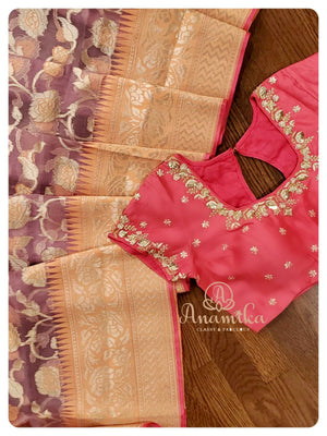 Pastel shade Kora Organza Saree with contrast peach pink blouse