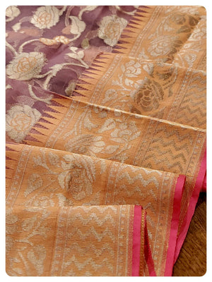 Pastel shade Kora Organza Saree with contrast peach pink blouse