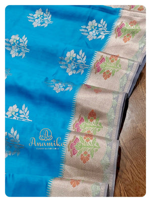 Blue Chiniya Silk saree with silver work blouse