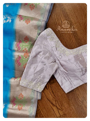 Blue Chiniya Silk saree with silver work blouse