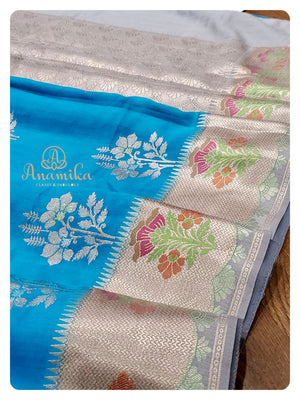 Blue Chiniya Silk saree with silver work blouse
