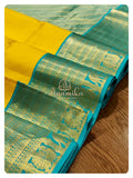 Yellow/Blue Kanchipattu saree with blue blouse