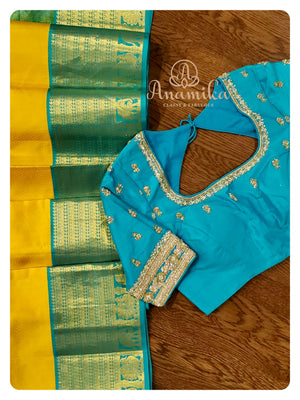 Yellow/Blue Kanchipattu saree with blue blouse