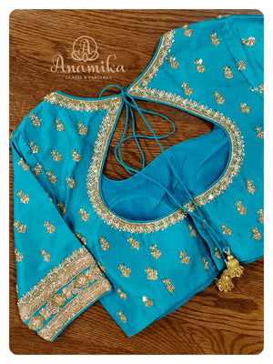 Yellow/Blue Kanchipattu saree with blue blouse