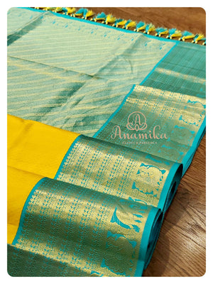 Yellow/Blue Kanchipattu saree with blue blouse