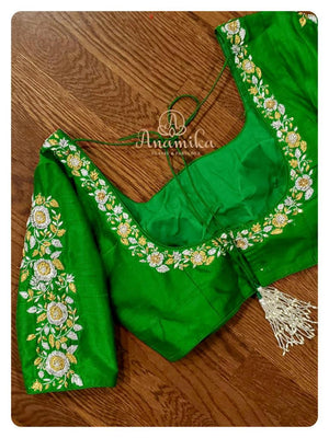 Green blouse with gold and silver zardosi work