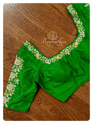 Green blouse with gold and silver zardosi work