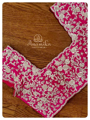 Hot pink short sleeves blouse with heavy bridal work