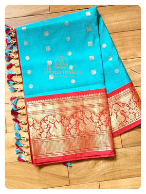 Blue/Red Gadwal pattu saree with blouse