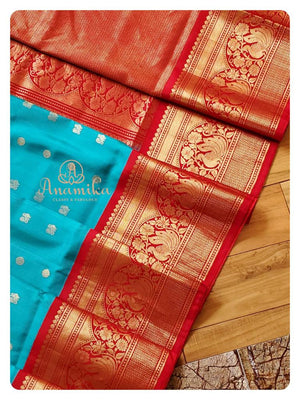Blue/Red Gadwal pattu saree with blouse