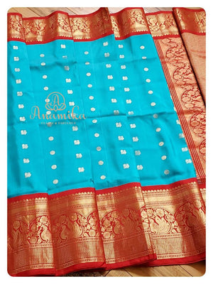 Blue/Red Gadwal pattu saree with blouse