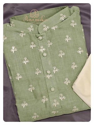 Light Pastel Green Kota Kurta with embroidered buttis