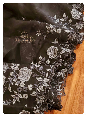 Black organza saree with cutwork border