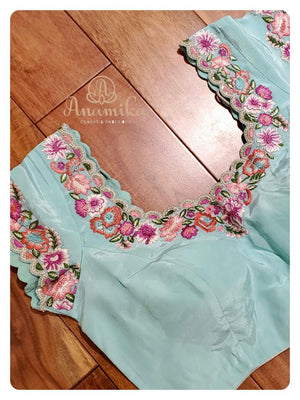 Light Blue Floral Embroidery Work on Pure Crepe
