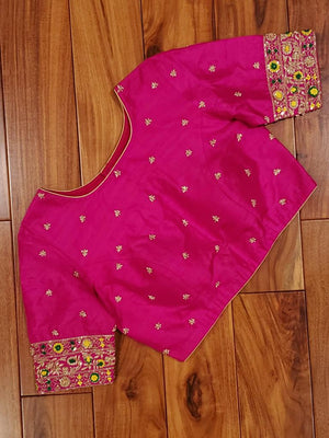 Hot pink elbow sleeves blouse with zardosi and thread work