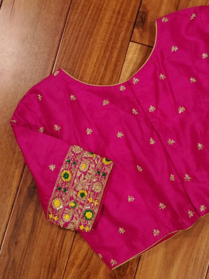 Hot pink elbow sleeves blouse with zardosi and thread work