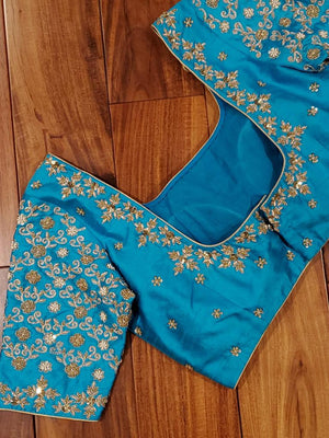 Blue Elbow sleeves blouse with gold and pearl work