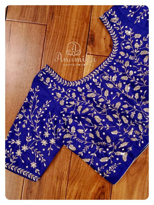 Dark Royal Blue Elbow sleeves blouse with gold all over work