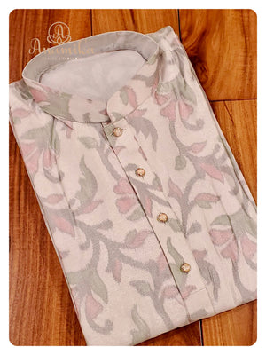 Light Grey Chanderi Silk Kurta with beautiful prints