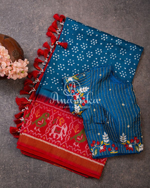 Pure silk Bandini with patola border - paired with a beautiful short sleeves handwork blouse