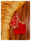Mustard Yellow Banarasi Gerogette with Contrast Red Work Blouse