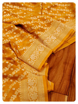Mustard Yellow Banarasi Gerogette with Contrast Red Work Blouse