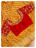 Mustard Yellow Banarasi Gerogette with Contrast Red Work Blouse