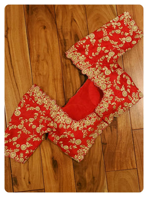 Mustard Yellow Banarasi Gerogette with Contrast Red Work Blouse