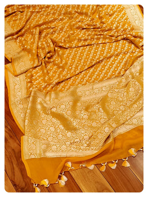 Mustard Yellow Banarasi Gerogette with Contrast Red Work Blouse