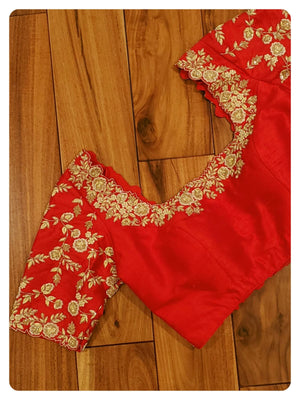 Mustard Yellow Banarasi Gerogette with Contrast Red Work Blouse