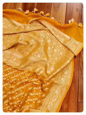 Mustard Yellow Banarasi Gerogette with Contrast Red Work Blouse