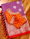 Purple Venkatagiri Pattu Saree with Orange Border, paired with contrast orange ikkat blouse