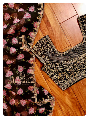 Black Floral Organza wih cutwork border with heavy work blouse