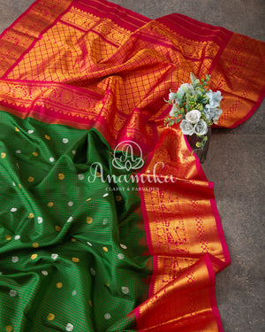 Dark Green Gadwal Silk saree with pink contrast border