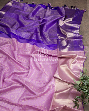 Lavender Kanchipattu saree with contrast purplish blue work blouse