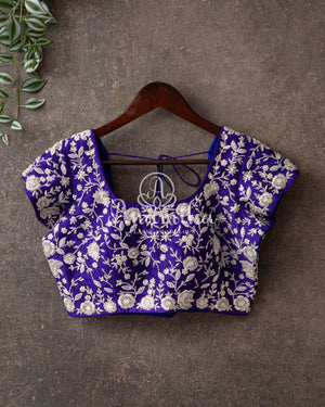 Lavender Kanchipattu saree with contrast purplish blue work blouse