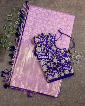 Lavender Kanchipattu saree with contrast purplish blue work blouse