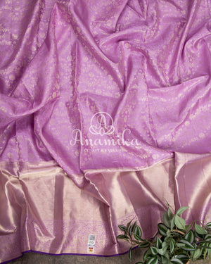 Lavender Kanchipattu saree with contrast purplish blue work blouse