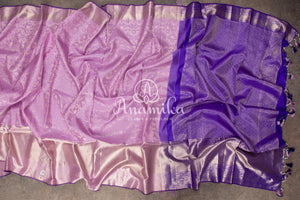 Lavender Kanchipattu saree with contrast purplish blue work blouse