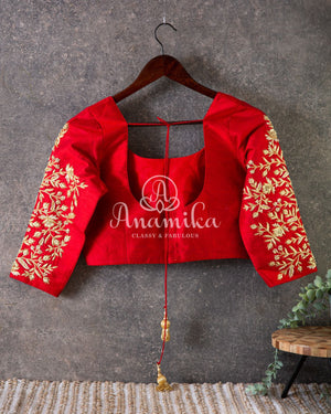 Red Zardosi work blouse in 3/4th sleeves