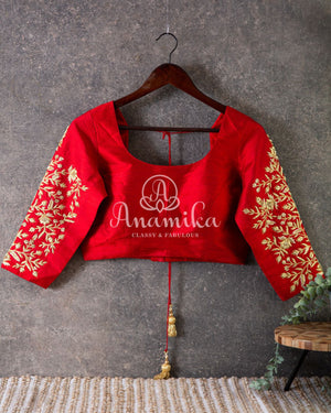 Red Zardosi work blouse in 3/4th sleeves