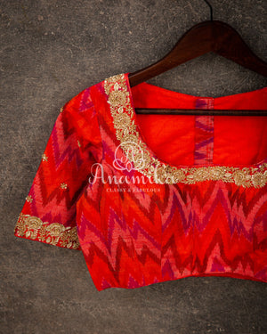 Red Ikkat rawsilk blouse with zardosi work