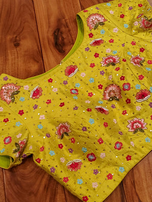 Lime Green Short sleeves blouse with all over work