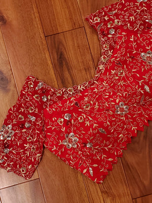 Bright Red Heavy zardosi work blouse with net overlay