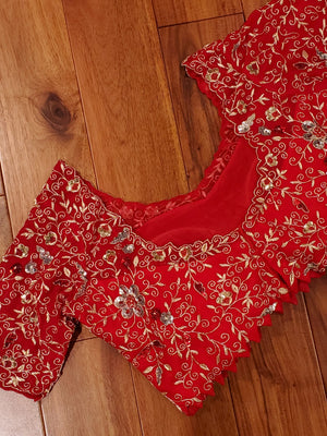 Bright Red Heavy zardosi work blouse with net overlay