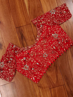 Bright Red Heavy zardosi work blouse with net overlay